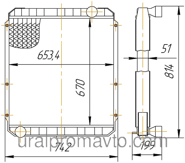 Радиатор водяной 3х-рядный медный 5320 (С ОТВОДОМ НА НИЖНЕМ БАЧКЕ БЕЗ ИНТЕРКУЛЛЕРА) (ШААЗ)